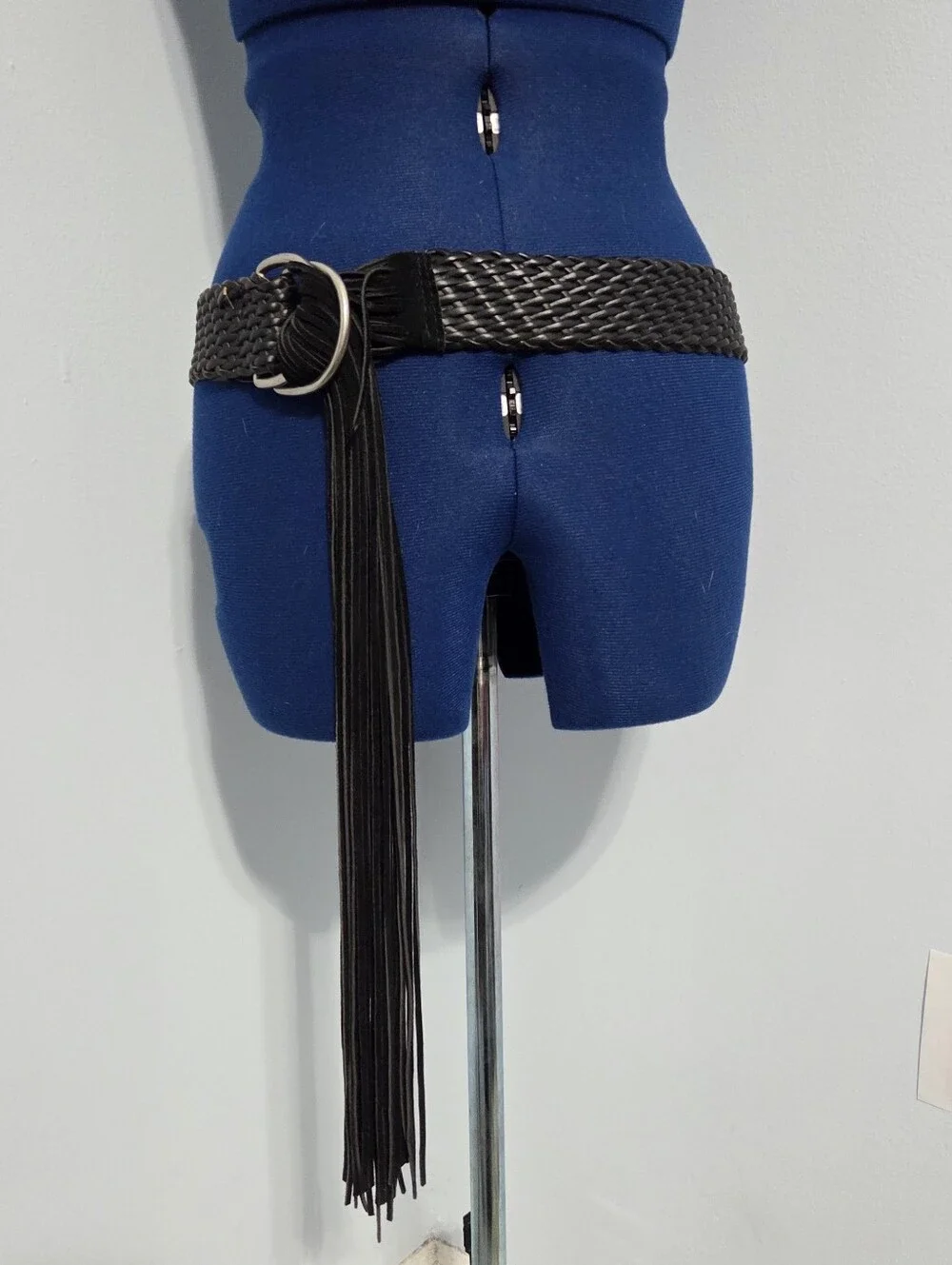 Black Leather Braided Fringe Belt One Size